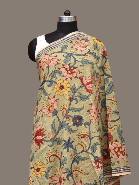 Sea Green Kalamkari Hand Painted Cotton Handloom Dupatta with Floral Design ds3282