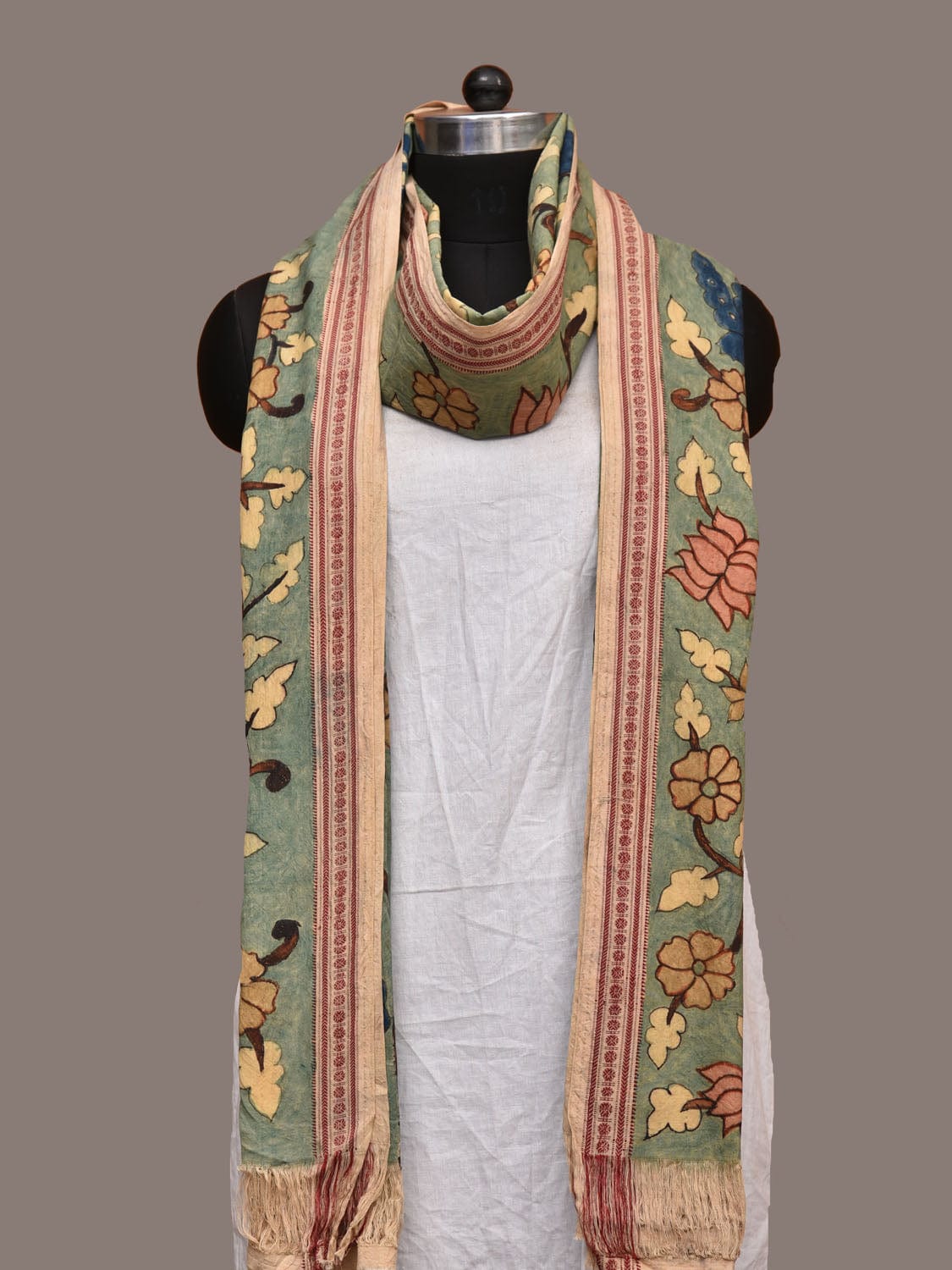 Sea Green Kalamkari Hand Painted Cotton Handloom Dupatta with Lotus-Peacock and Doby Border Design ds3191
