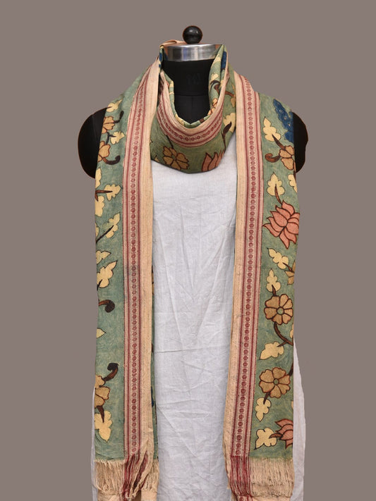 Sea Green Kalamkari Hand Painted Cotton Handloom Dupatta with Lotus-Peacock and Doby Border Design ds3191