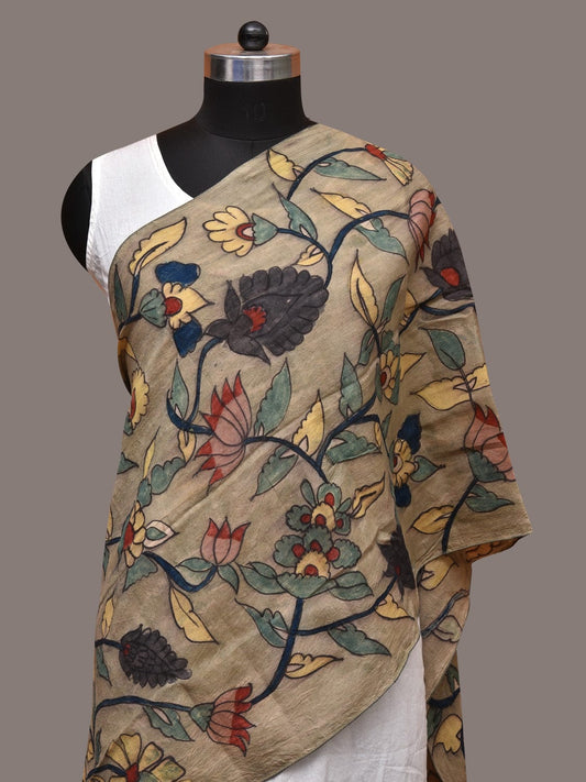 Sea Green Kalamkari Hand Painted Sico Stole with Lotus Design ds3562