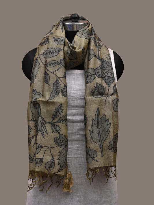 Sea Green Kalamkari Hand Painted Tussar Handloom Stole with Birds and Flowers Design ds2684