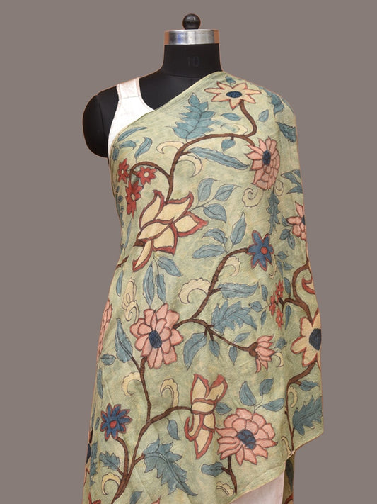 Sea Green Kalamkari Hand Painted Woolen Dupatta with Floral Design ds3315