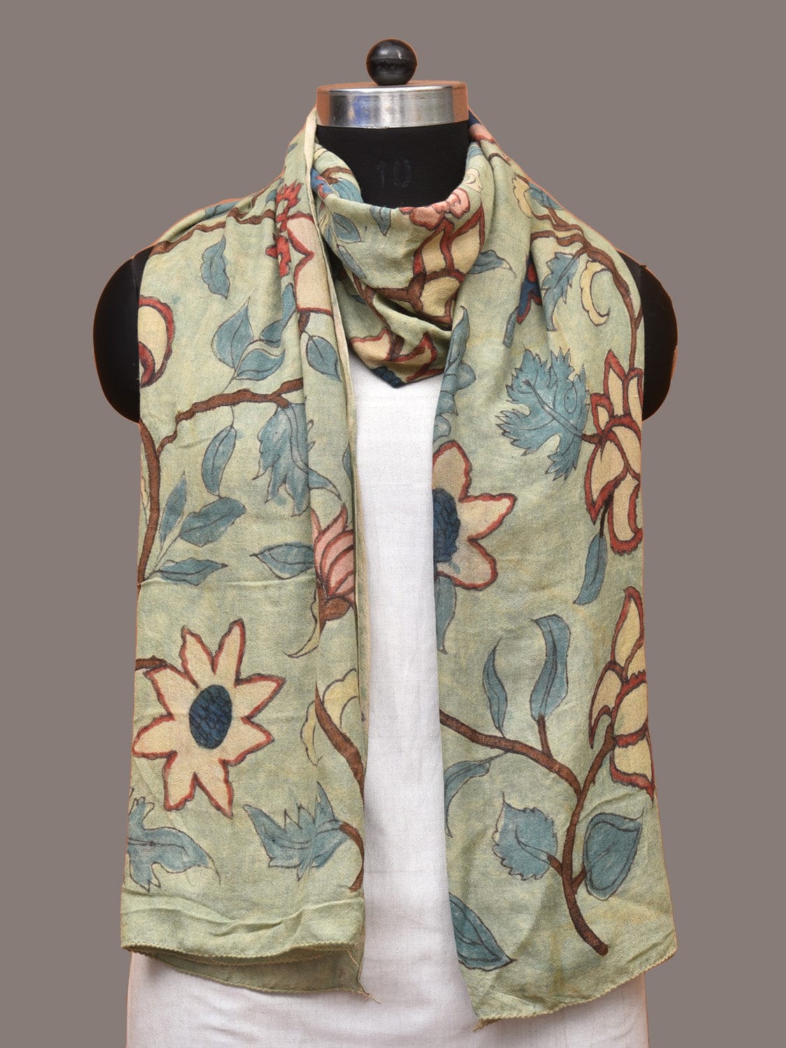 Sea Green Kalamkari Hand Painted Woolen Dupatta with Floral Design ds3315
