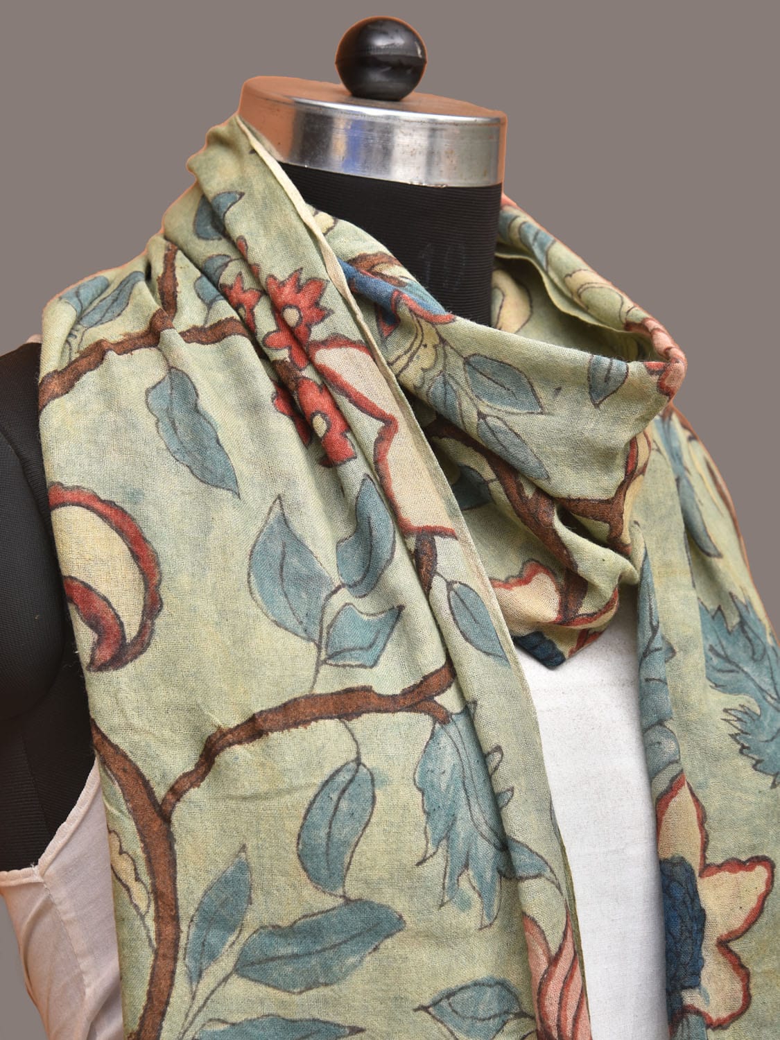 Sea Green Kalamkari Hand Painted Woolen Dupatta with Floral Design ds3315