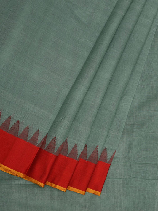 Sea Green Khadi Cotton Handloom Plain Saree with Temple Border Design kh0560