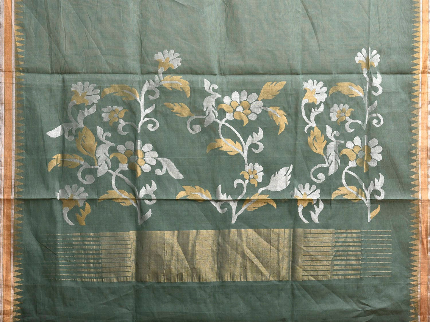 Sea Green Khadi Cotton Handloom Saree with Floral Pallu Design kh0718