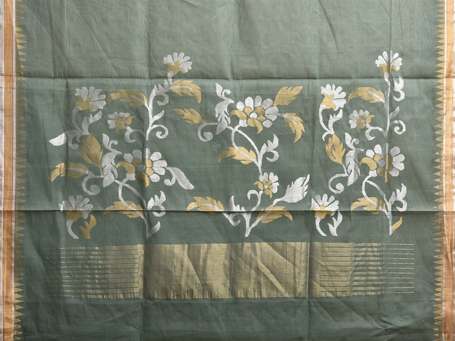 Sea Green Khadi Cotton Handloom Saree with Floral Pallu Design kh0718