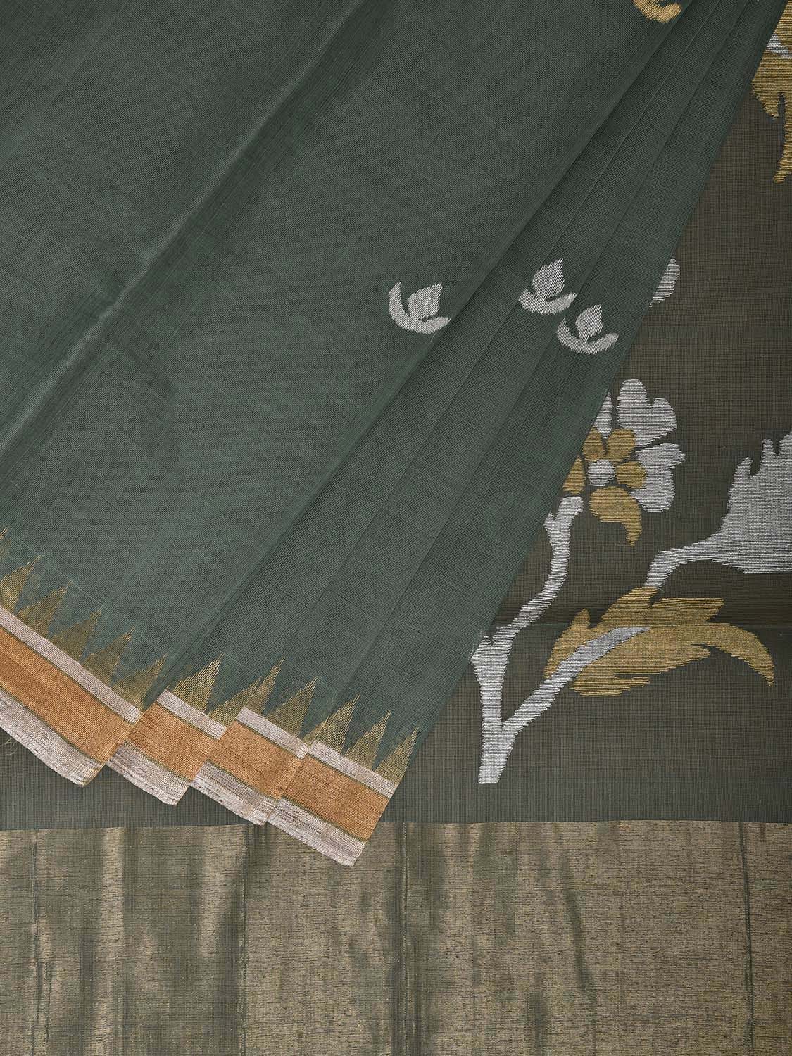Sea Green Khadi Cotton Handloom Saree with Floral Pallu Design kh0718