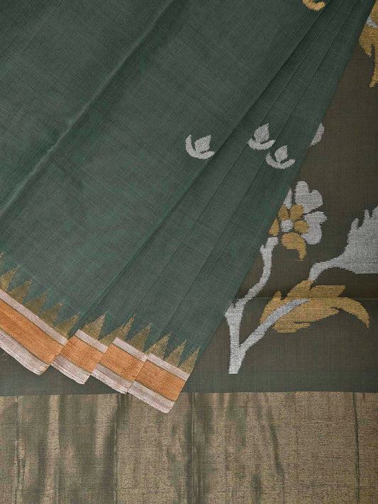 Sea Green Khadi Cotton Handloom Saree with Floral Pallu Design kh0718