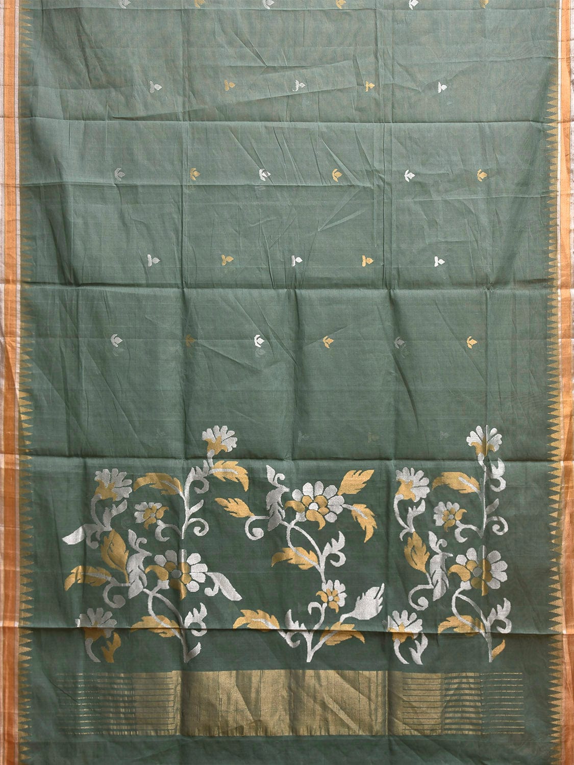 Sea Green Khadi Cotton Handloom Saree with Floral Pallu Design kh0718