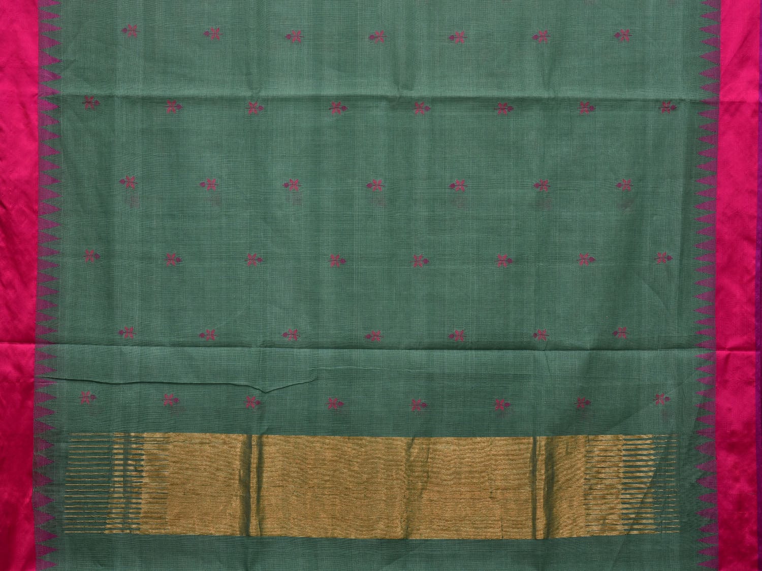 Sea Green Khadi Cotton Handloom Saree with Jamdani Buta and Temple Border Design kh0591