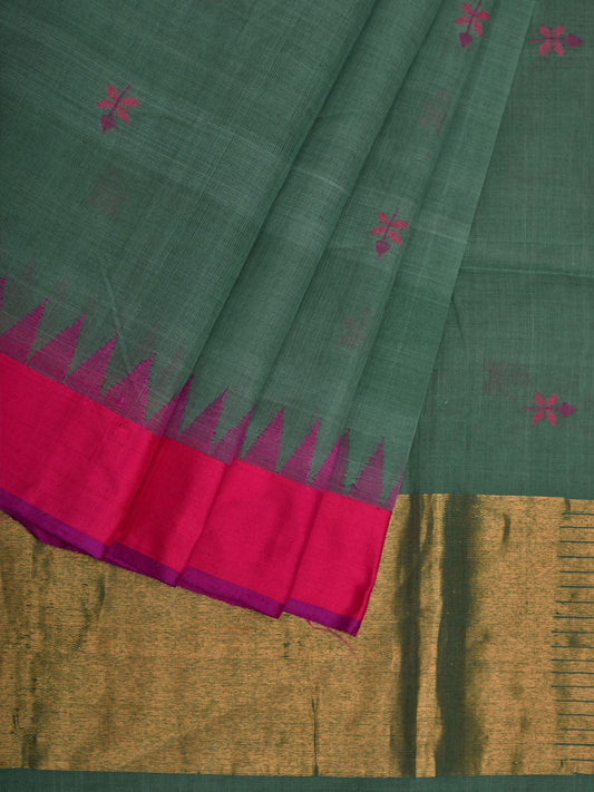 Sea Green Khadi Cotton Handloom Saree with Jamdani Buta and Temple Border Design kh0591