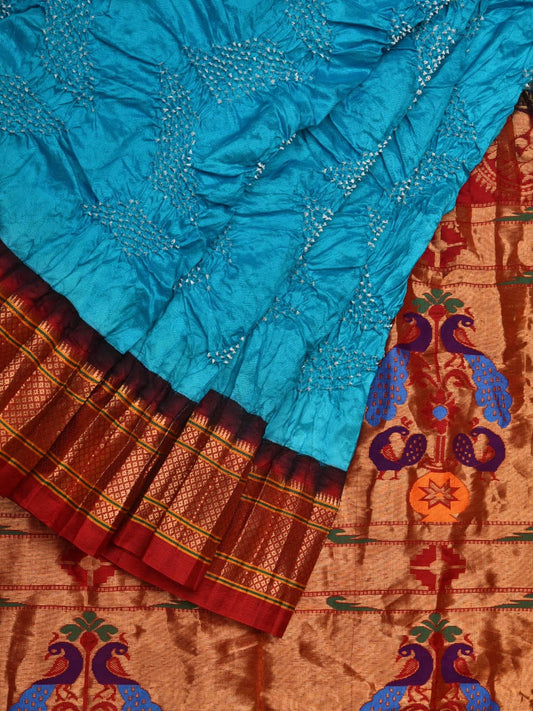 Sky Blue and Red Bandhani Paithani Silk Handloom Saree with Pallu Design bn0389