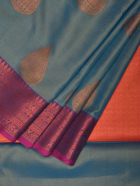 Slate Blue and Pink Katan Silk Saree with Border and Body Butta Design b0070ds