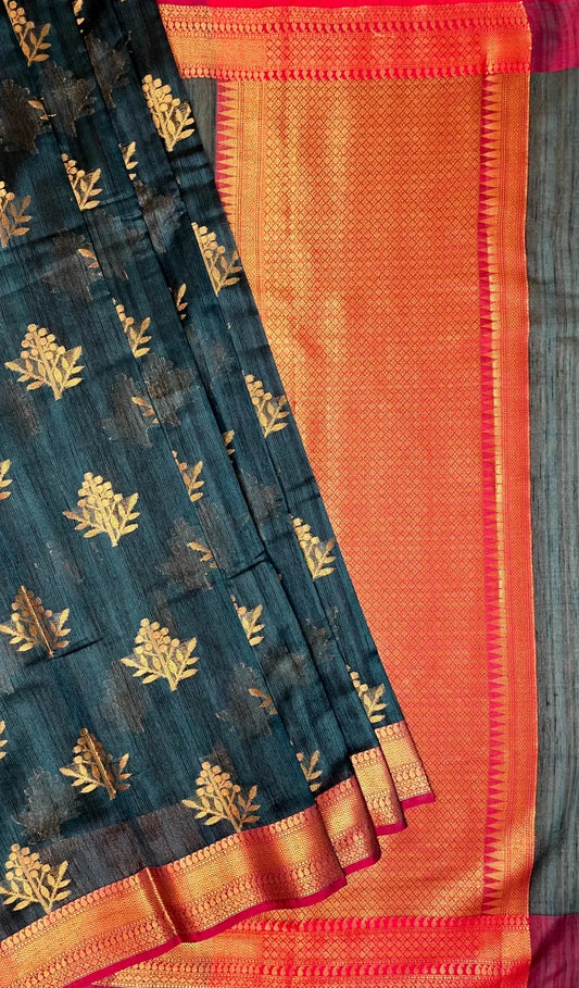 Slate Blue Banaras Fancy Khadi Zari Border Body Butta and Pallu Design b0172ds