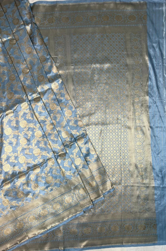 Slate Blue Banaras Katan Silk Saree with Rich Zari Border and Floral Design b0077ds