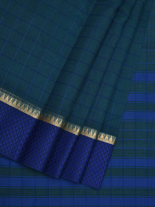 Teal and Blue Bamboo Cotton Saree with Checks Design bc0048