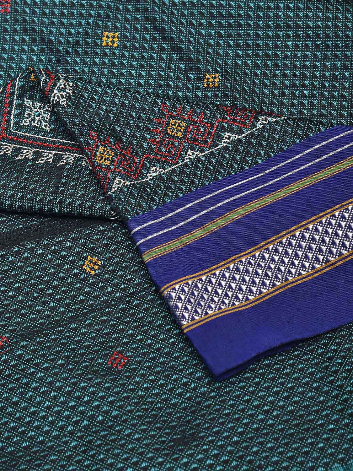 Teal and Blue Kasuti Viscose Blouse with Peacock Design Length 1mt Width 44 Inches BL0162