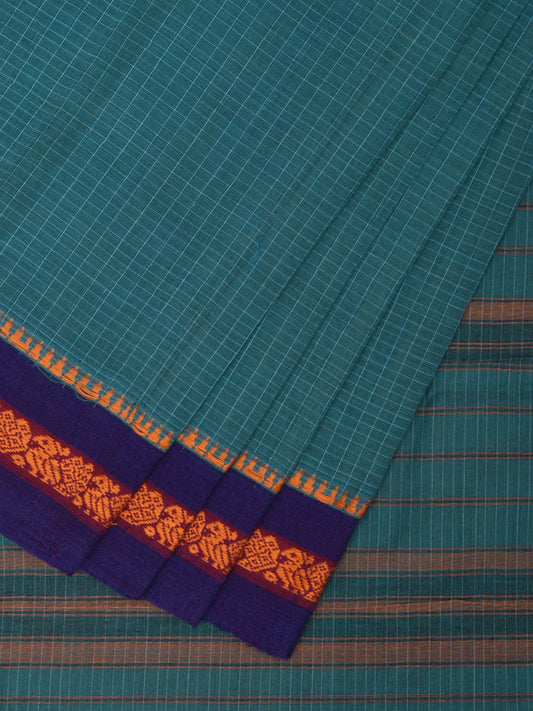 Teal and Dark Blue Narayanpet Cotton Handloom Saree with Checks Design No Blouse np1038