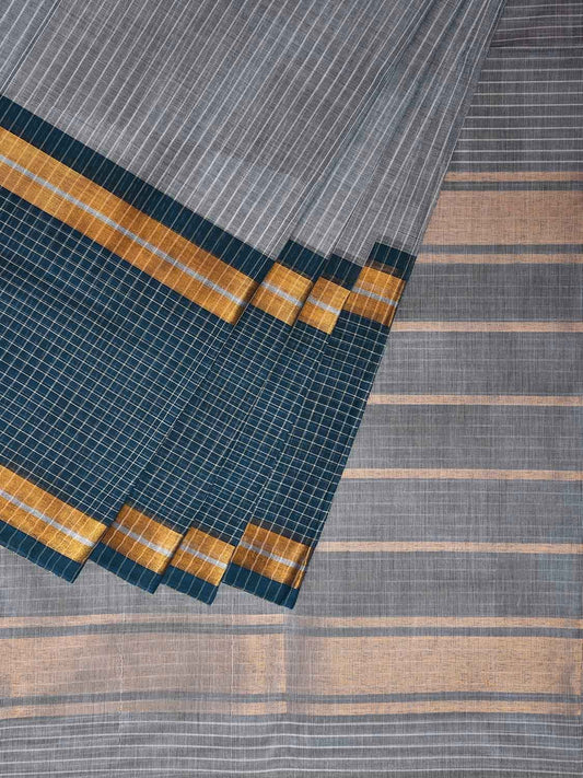 Teal and Grey Venkatagiri Cotton Saree with Strips and Checks Border Design No Blouse v0111