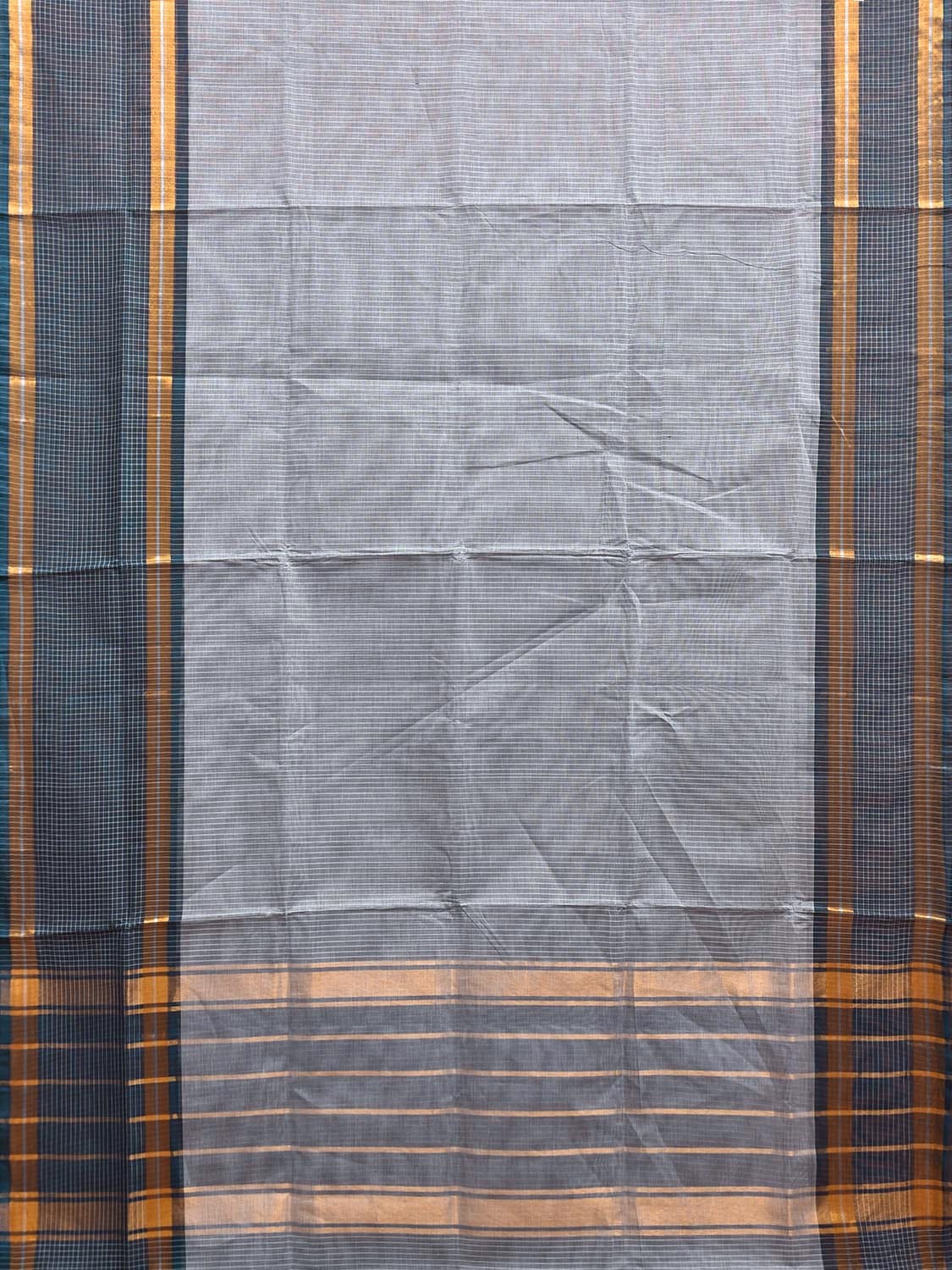 Teal and Grey Venkatagiri Cotton Saree with Strips and Checks Border Design No Blouse v0111