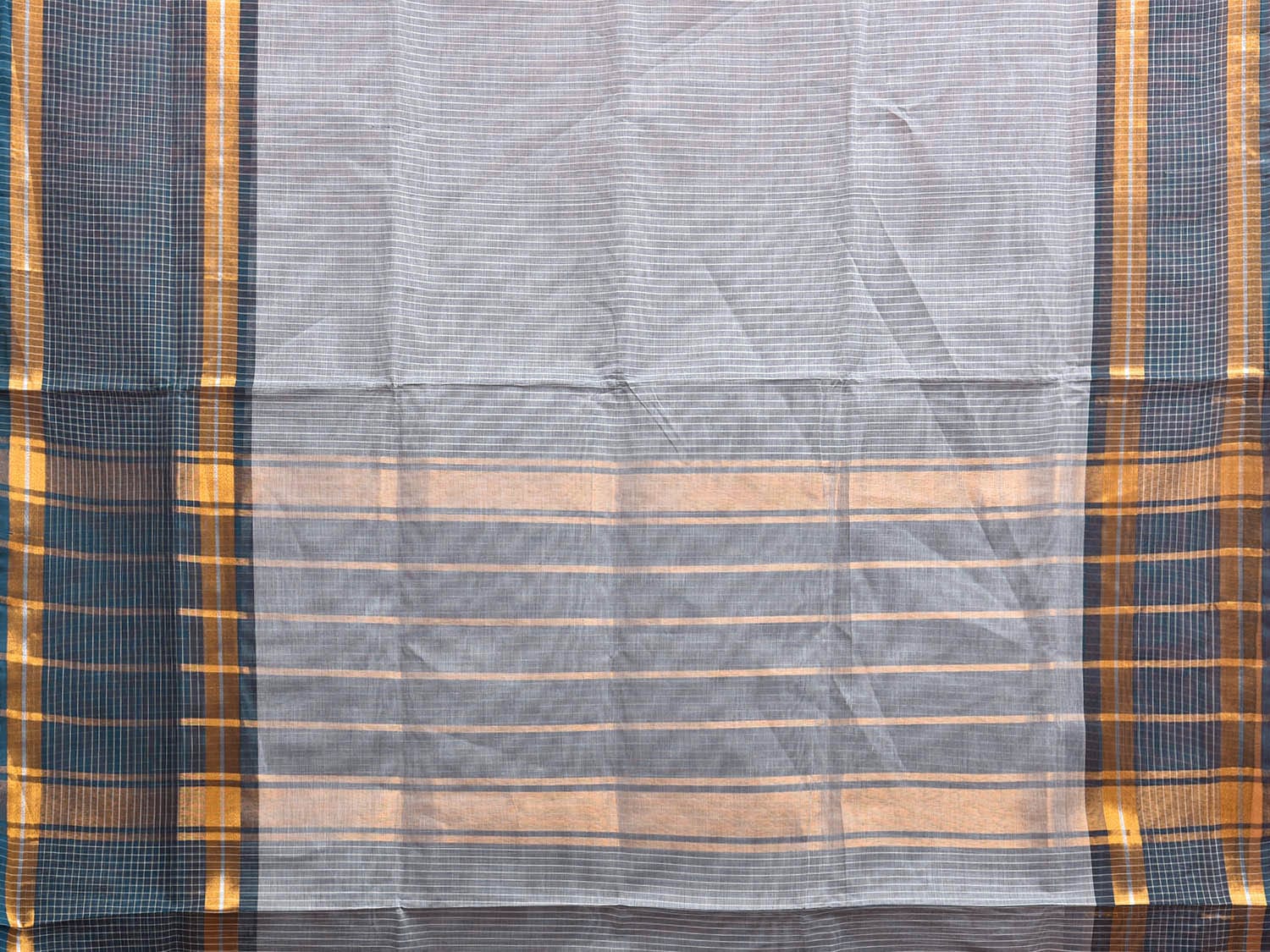 Teal and Grey Venkatagiri Cotton Saree with Strips and Checks Border Design No Blouse v0111