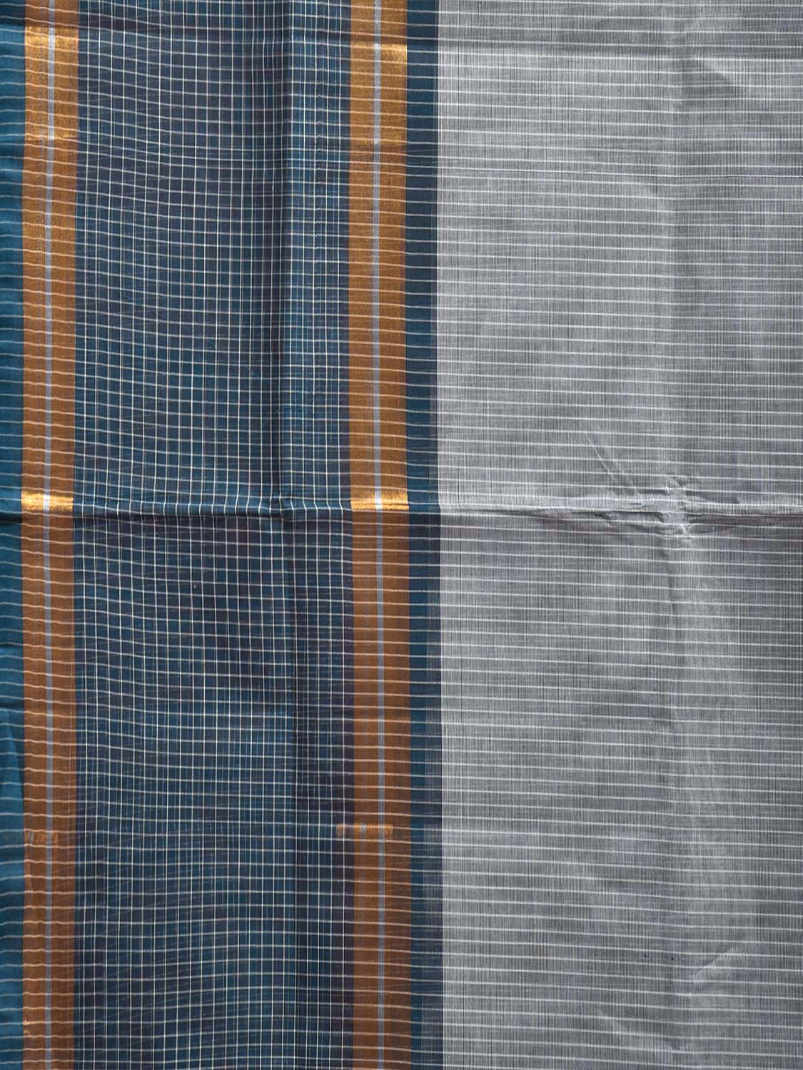 Teal and Grey Venkatagiri Cotton Saree with Strips and Checks Border Design No Blouse v0111