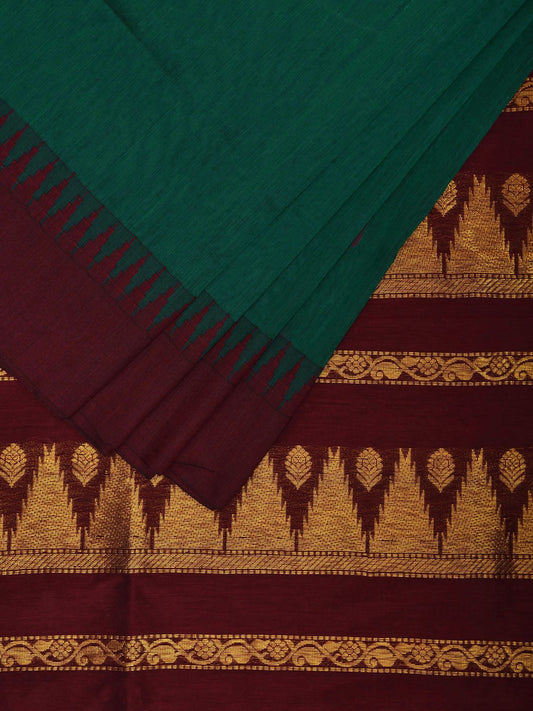 Teal and Maroon Gadwal Cotton Saree with Temple Border and Pallu Design g0455