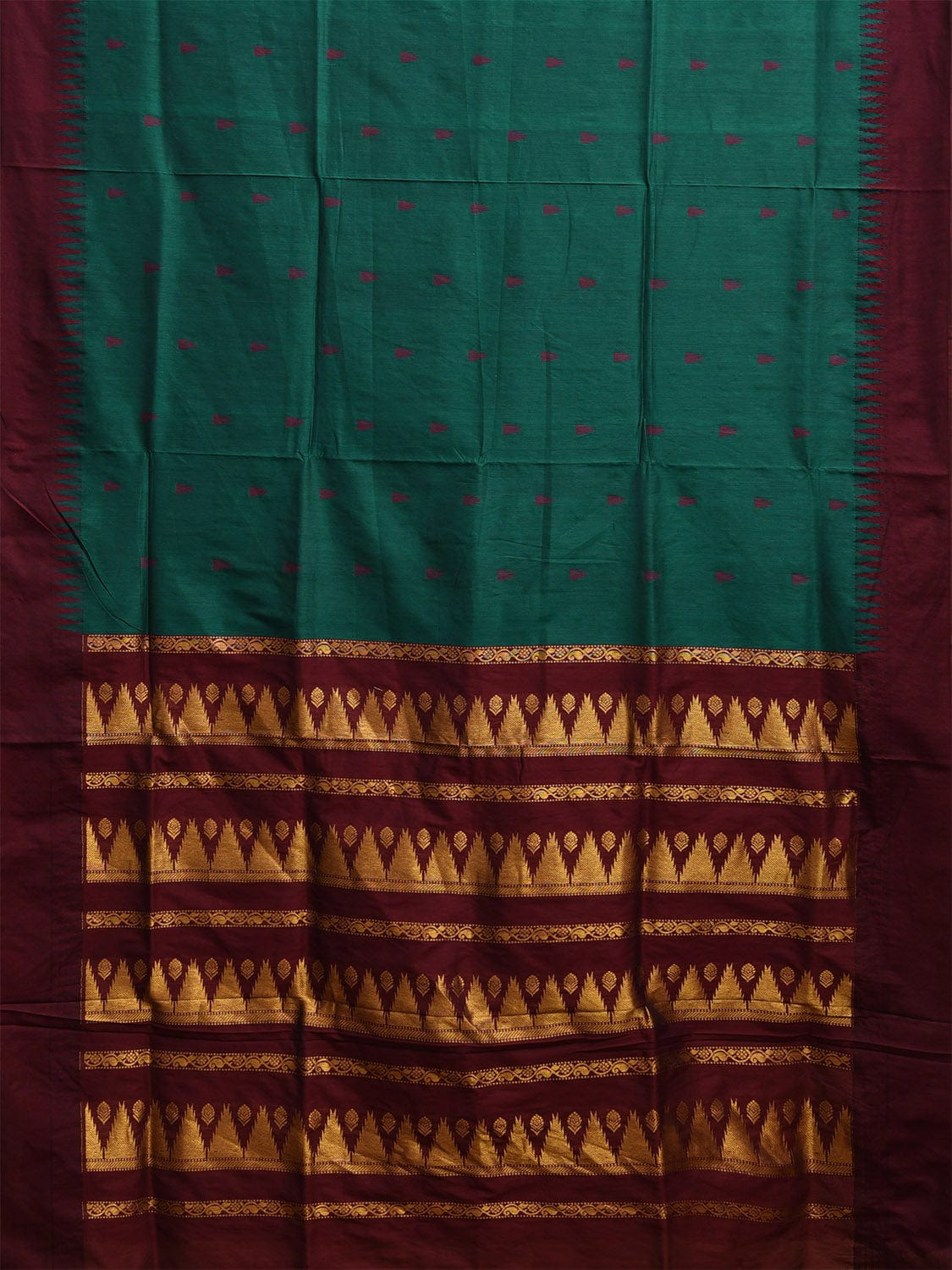 Teal and Maroon Gadwal Cotton Saree with Temple Border and Pallu Design g0455