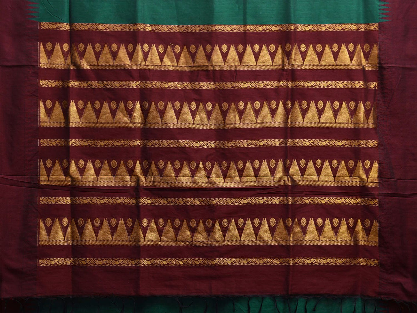 Teal and Maroon Gadwal Cotton Saree with Temple Border and Pallu Design g0455