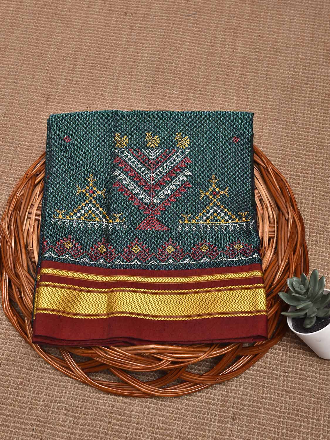 Teal and Maroon Kasuti Viscose Blouse with Peacock Design Length 1mt Width 44 Inches BL0160