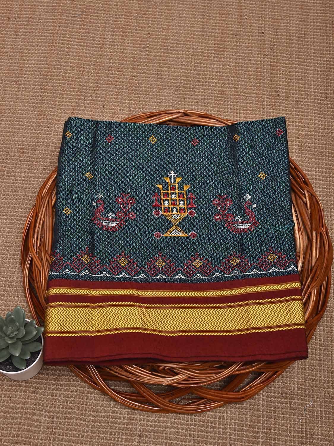 Teal and Maroon Kasuti Viscose Blouse with Peacock Design Length 1mt Width 44 Inches BL0163