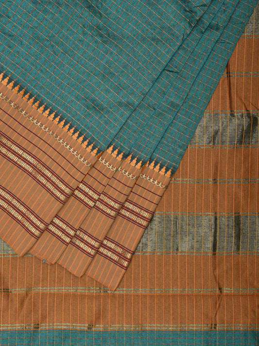 Teal and Mustard Bamboo Cotton Viscose Silk Saree with Checks Design No Blouse bc0649