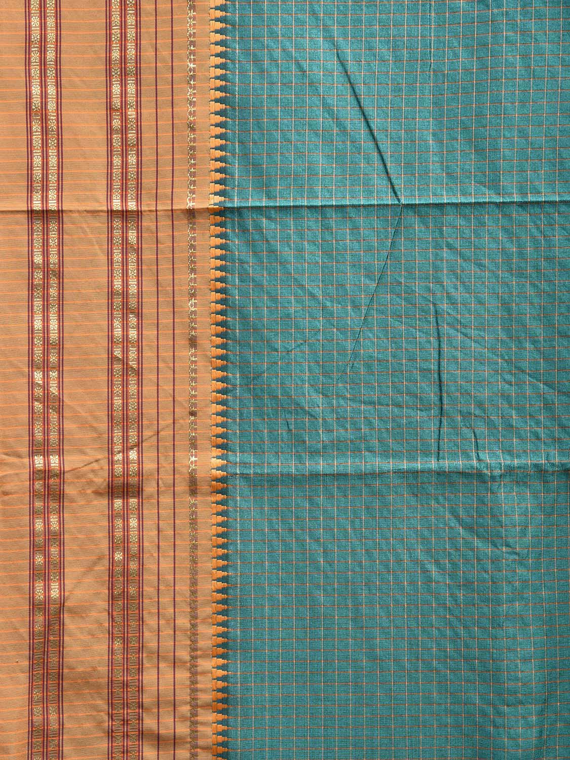 Teal and Mustard Bamboo Cotton Viscose Silk Saree with Checks Design No Blouse bc0649