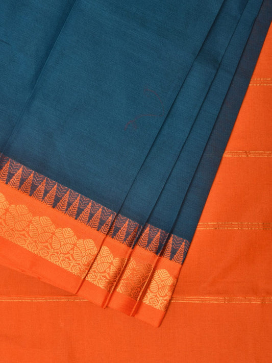 Teal and Orange Gadwal Cotton Handloom Saree with Strips Pallu Design No Blouse g0364