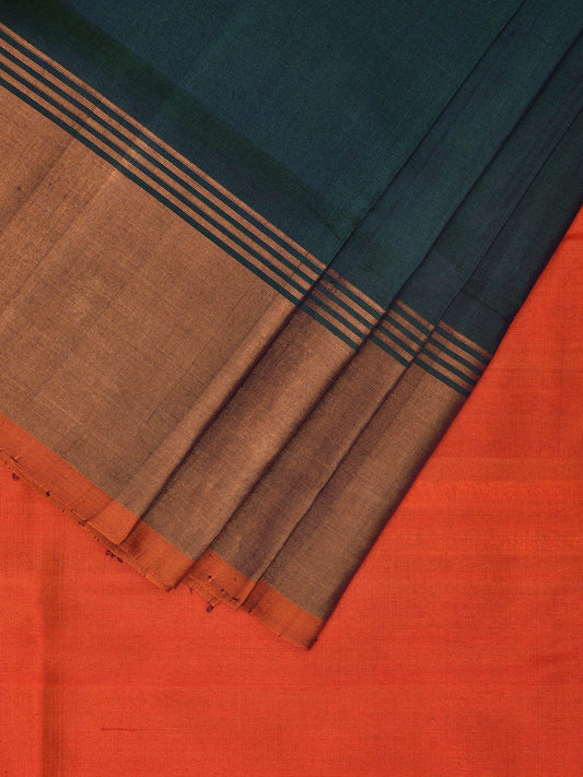 Teal and Orange Uppada Plain Silk Handloom Saree with Contrast Pallu Design u2234