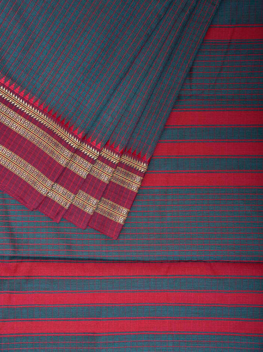 Teal and Pink Bamboo Cotton Saree with Checks Design No Blouse bc0809
