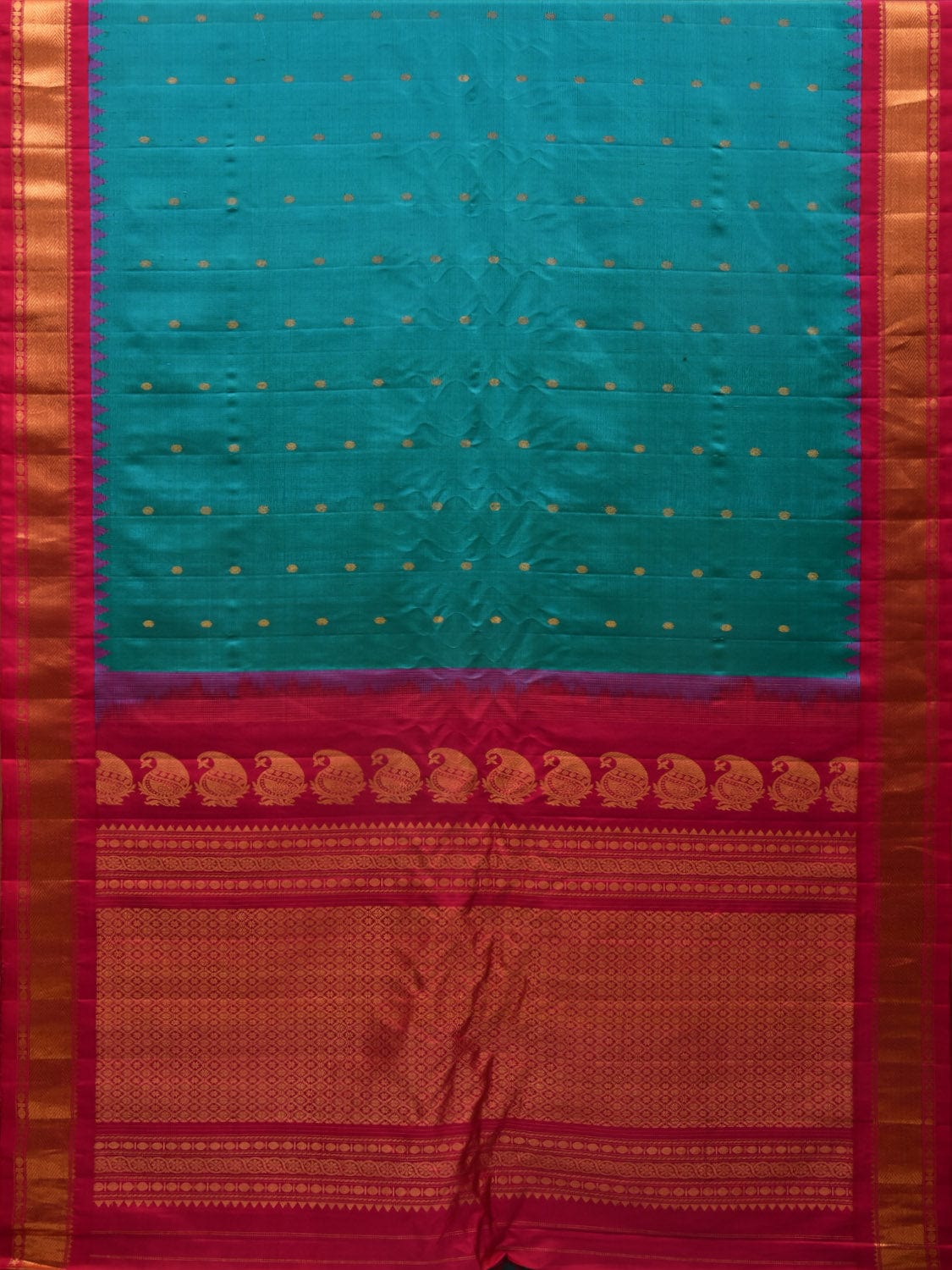 Teal and Pink Gadwal Silk Handloom Saree with Mango Pallu and Temple Border Design g0307
