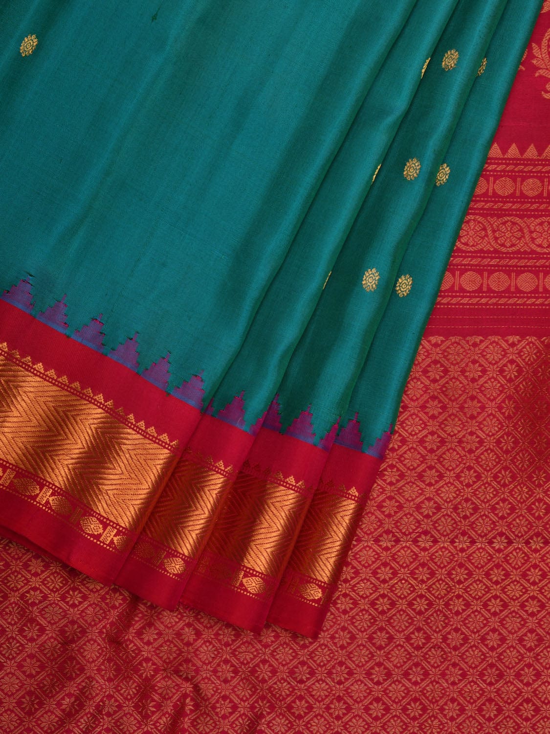 Teal and Pink Gadwal Silk Handloom Saree with Mango Pallu and Temple Border Design g0307