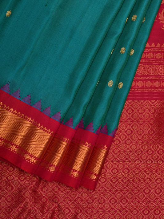 Teal and Pink Gadwal Silk Handloom Saree with Mango Pallu and Temple Border Design g0307