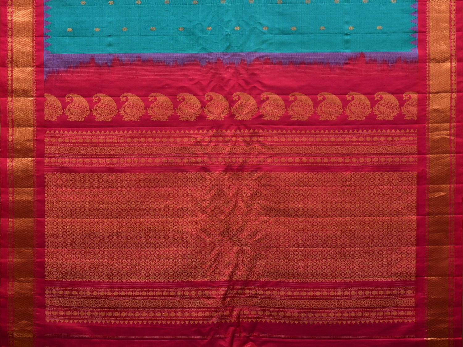 Teal and Pink Gadwal Silk Handloom Saree with Mango Pallu and Temple Border Design g0307