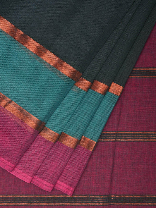 Teal and Purple Kanchipuram Cotton Plain Saree with Strips Pallu Design k0613