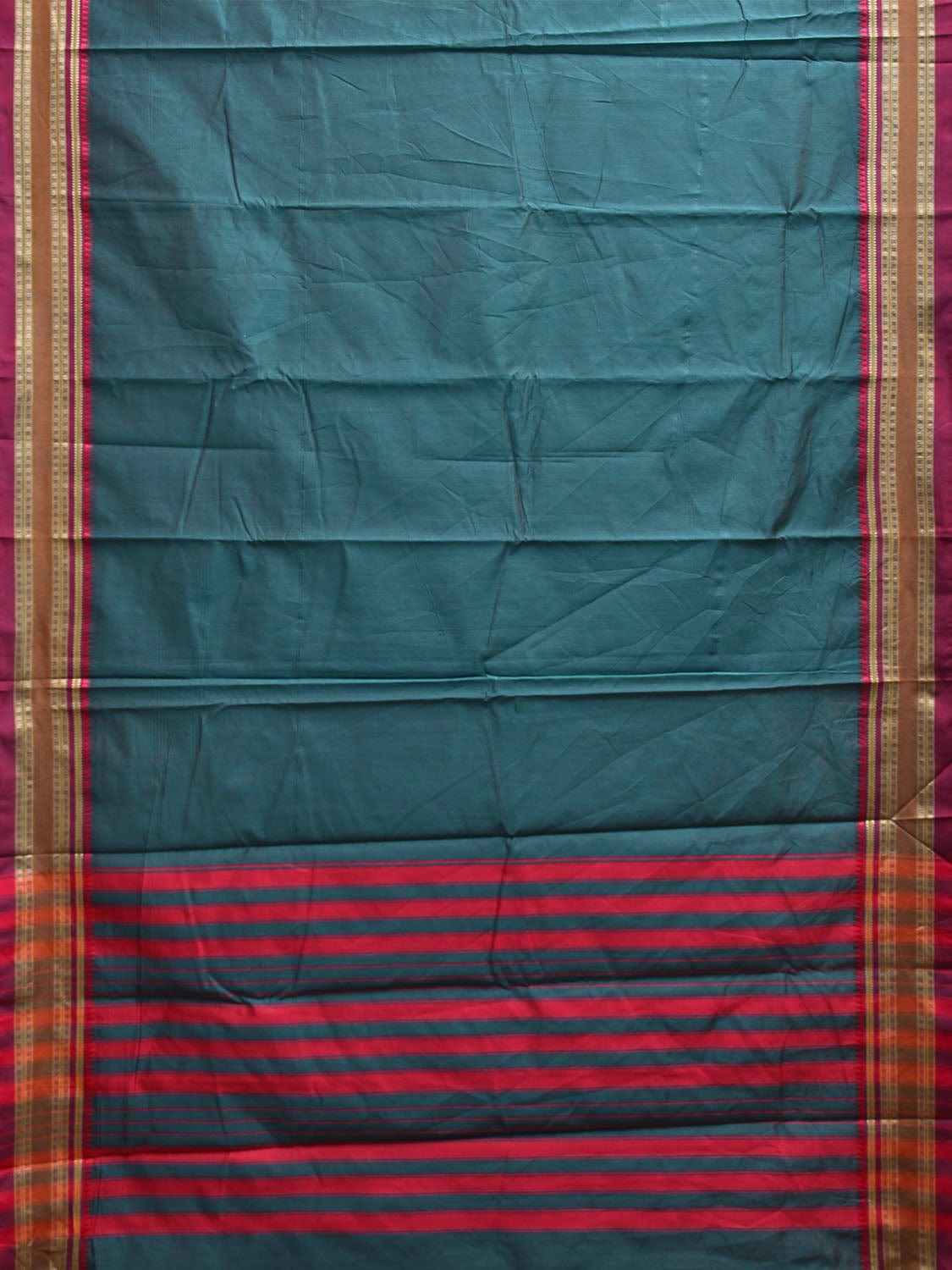 Teal and Red Bamboo Cotton Plain Saree with Strips Pallu Design No Blouse bc0792