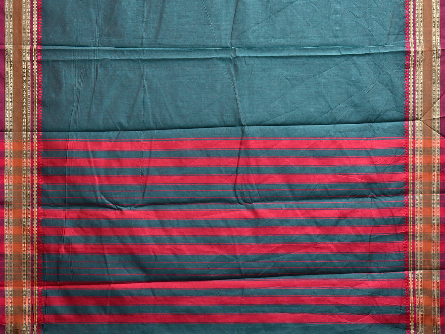 Teal and Red Bamboo Cotton Plain Saree with Strips Pallu Design No Blouse bc0792