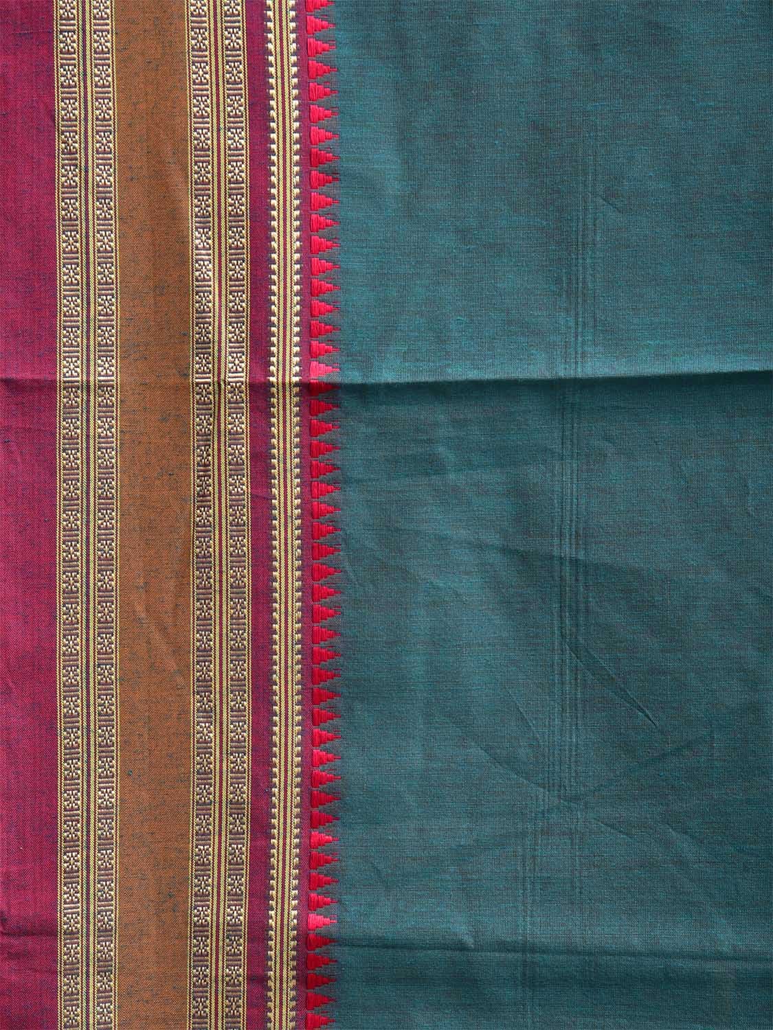 Teal and Red Bamboo Cotton Plain Saree with Strips Pallu Design No Blouse bc0792