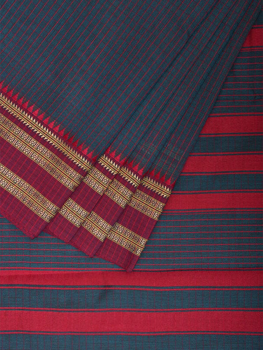 Teal and Red Bamboo Cotton Saree with Checks Design No Blouse bc0774