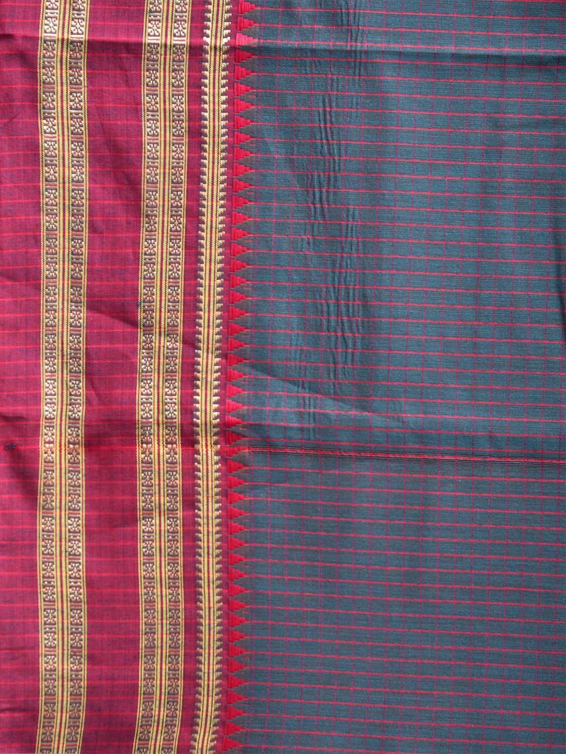 Teal and Red Bamboo Cotton Saree with Checks Design No Blouse bc0774