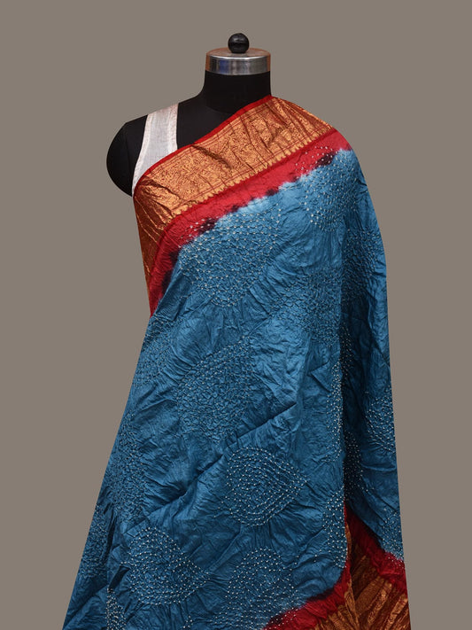 Teal and Red Bandhani Kanchipuram Silk Handloom Dupatta with Border and Leaf Design ds3014