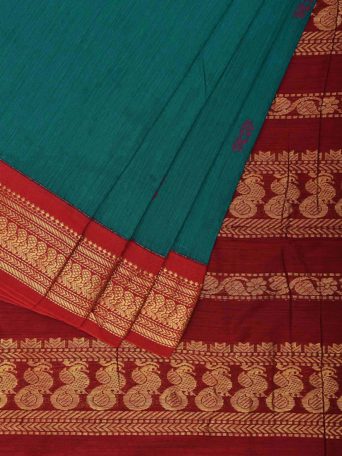 Teal and Red Gadwal Cotton Viscose Saree with Border and Pallu Design g0459