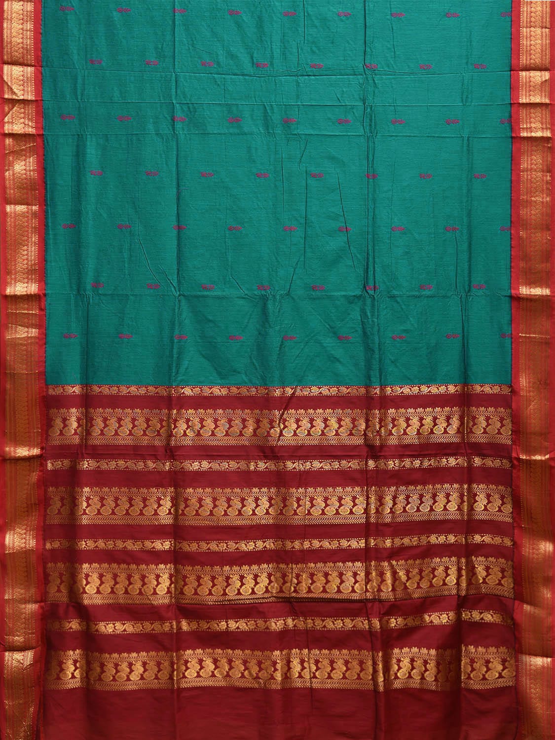 Teal and Red Gadwal Cotton Viscose Saree with Border and Pallu Design g0459